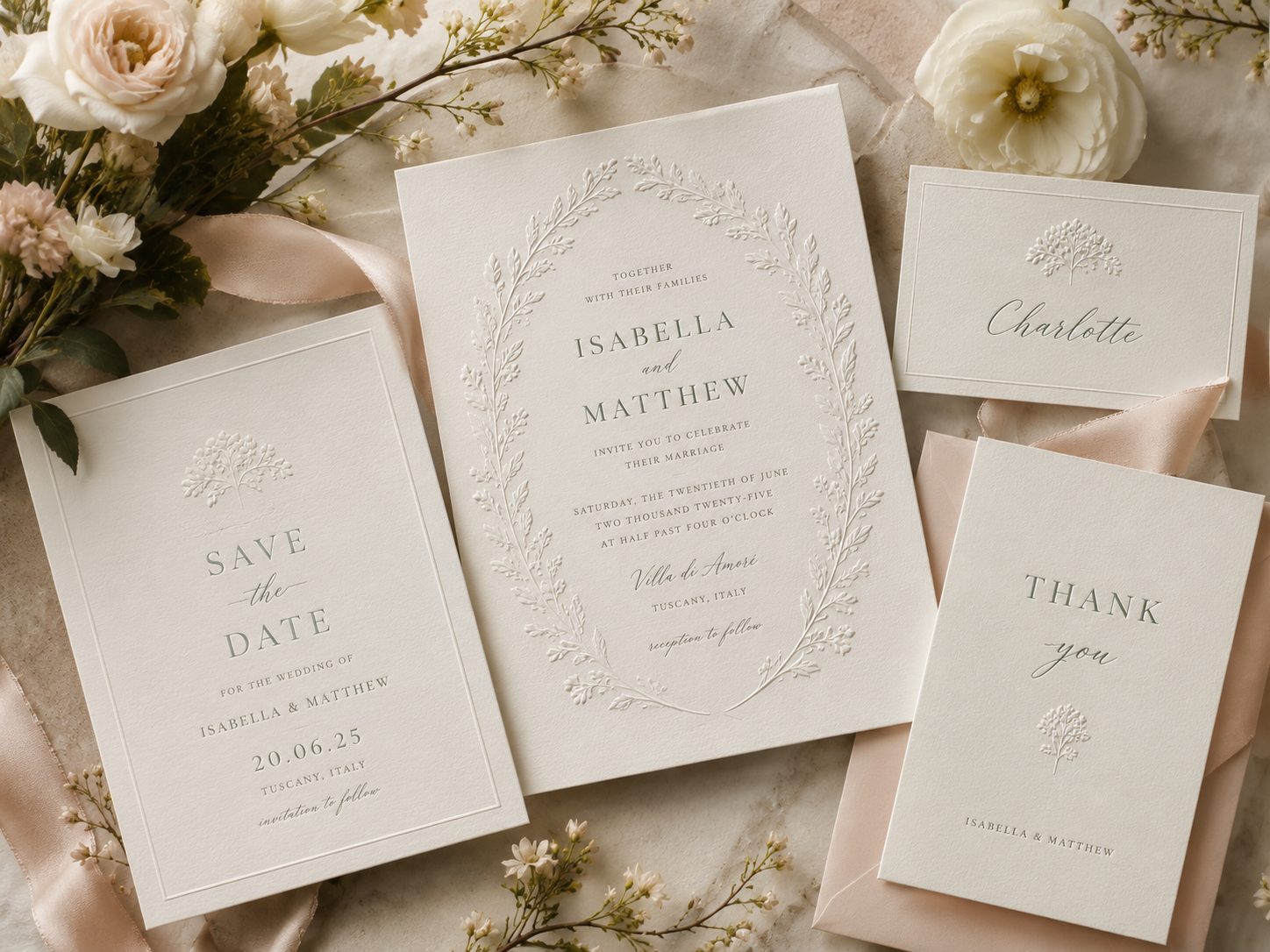 Wedding invitation suite with save-the-date and thank-you cards