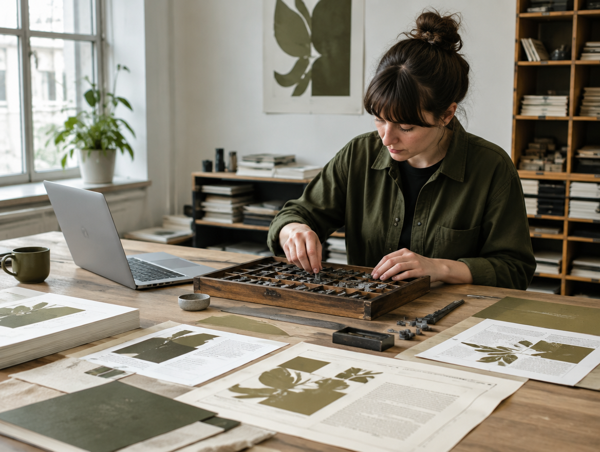 Modern typographer arranging type and proof sheets