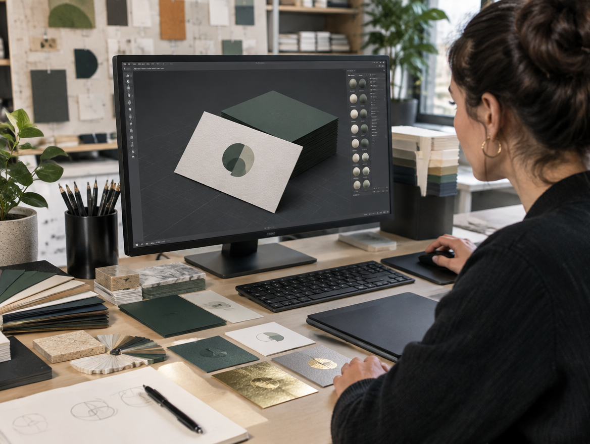 Card designer modelling a card in 3D beside stock samples