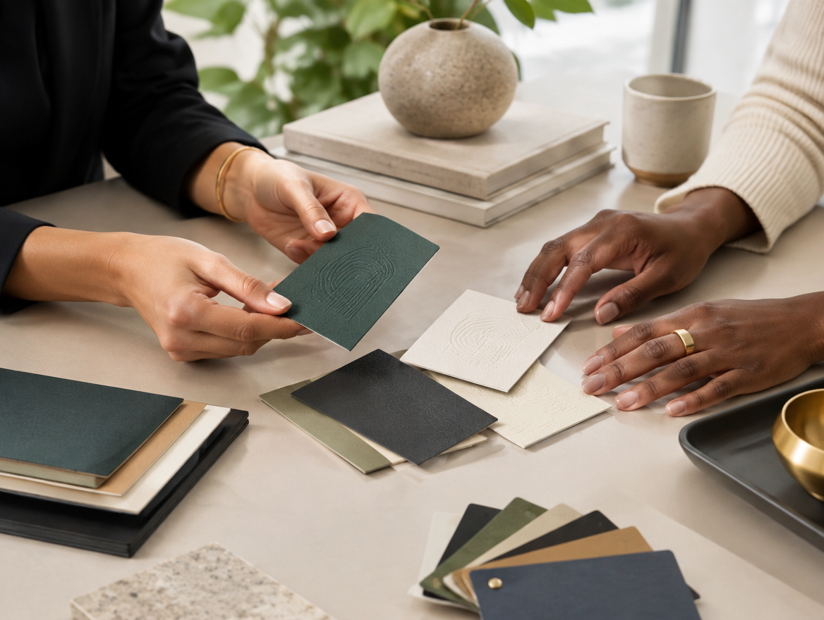 Olive sprig beside sustainable paper samples