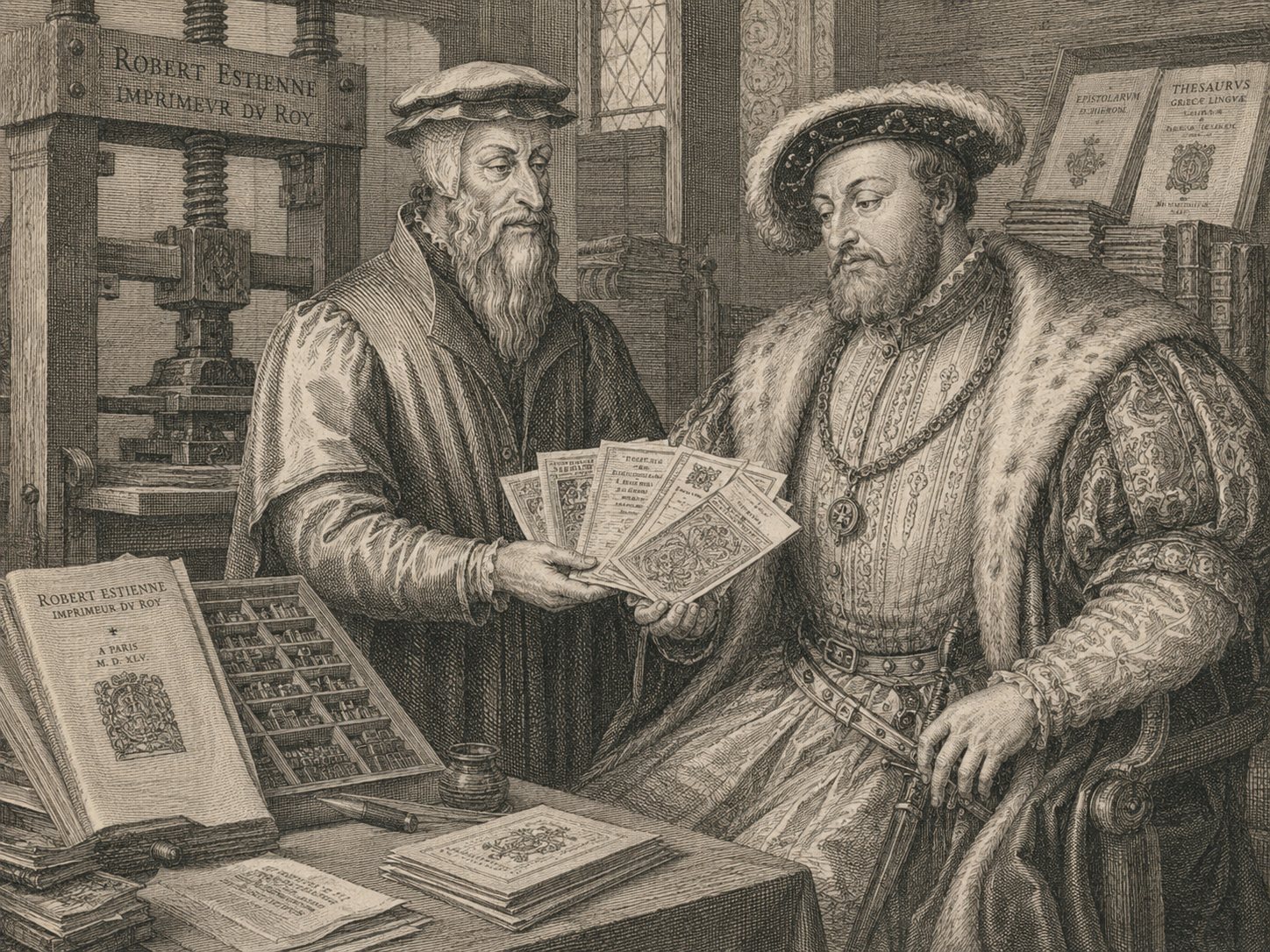 Robert Estienne, royal printer, presenting printed sheets to King Fran&ccedil;ois I