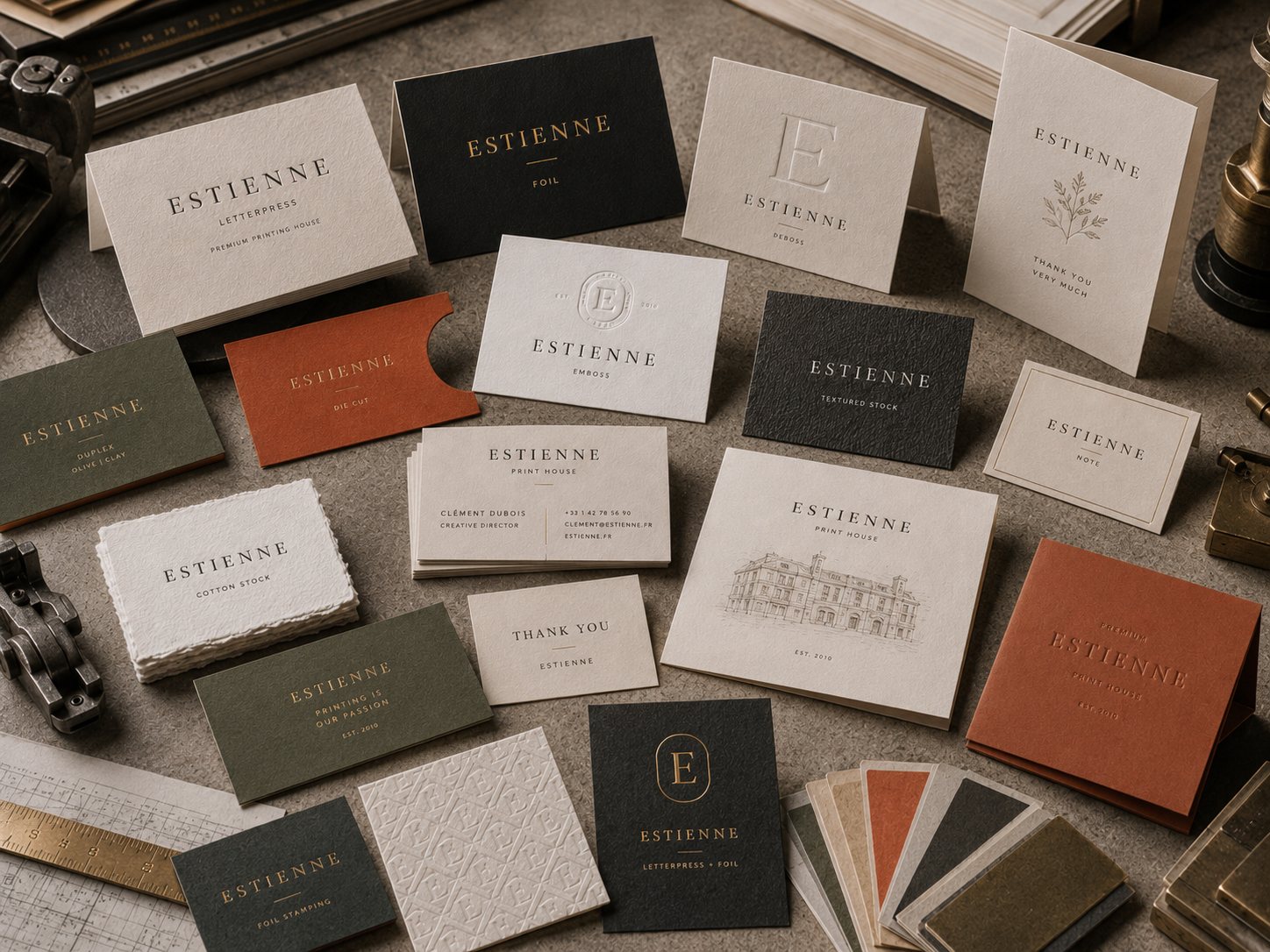 An array of Estienne cards — business cards, invitations, greeting and thank-you cards in many papers and finishes