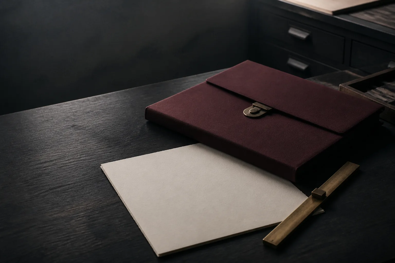 A closed oxblood studio folio beside a blank quotation sheet and printer’s rule