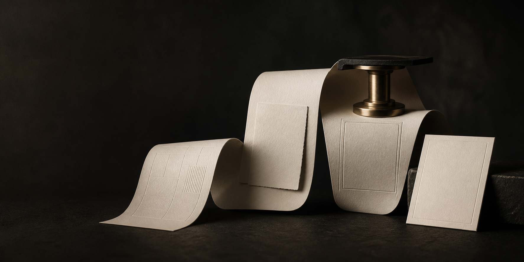Sculptural paper ribbons moving through a brass printing press